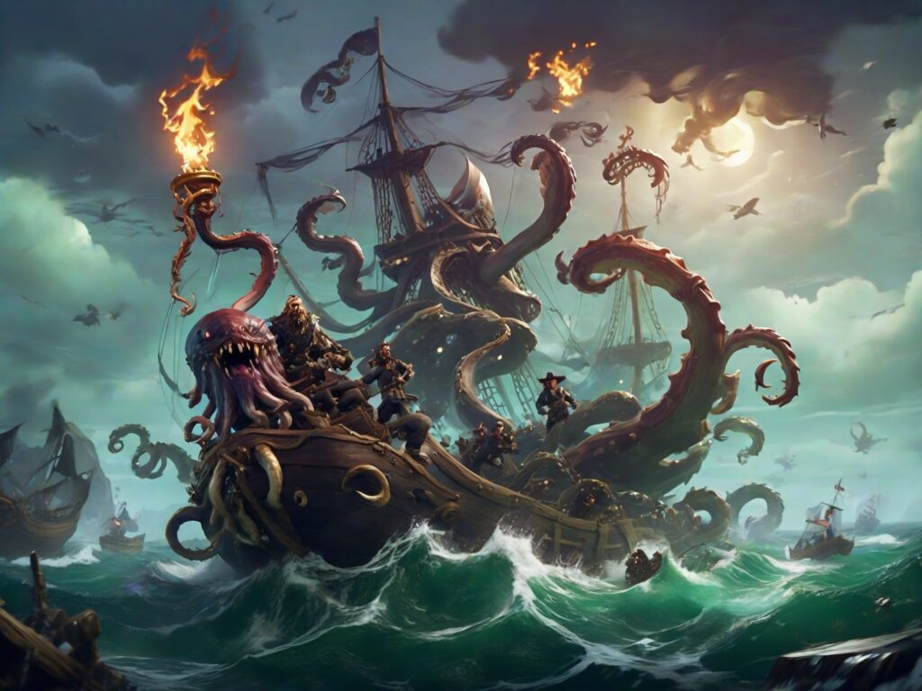 The Kraken, a terrifying sea monster in the popular video game Sea of Thieves, has deep roots in history. Its menacing presence and colossal size echo the mythical Kraken of 12th-century Scandinavian folklore. These legends described a gigantic cephalopod-like creature, often depicted as a colossal squid or octopus, capable of dragging ships to the depths with its powerful tentacles. The video game developers drew inspiration from these ancient tales, bringing the legendary kraken to life in a vibrant and interactive world for players to encounter.