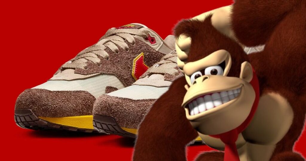 GenjiTalkGames - Nike's dropping Donkey Kong Country-inspired Air Max 1s! Brown, with red/yellow Swoosh, DK coins & low-poly bananas. Coming spring/summer! Sweet kicks! #DonkeyKong #NikeAirMax #SneakerNews